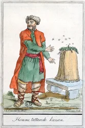 Tatarischer Mann aus Kasan mit einem Bienenstock, aus 
